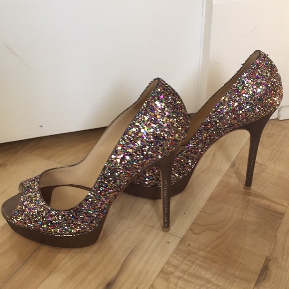 Jimmy Choo glitter,platform peep toe pumps.Classic - Picture 7 of 8